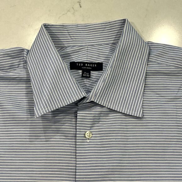 Ted Baker London Mens 17.5 32/33 Striped Long Sleeve Button Down Shirt Blue Wht - Picture 1 of 10